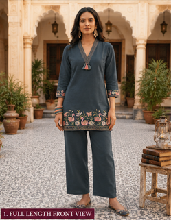 Grey Pure Cotton Embroidered Co-Ord Set