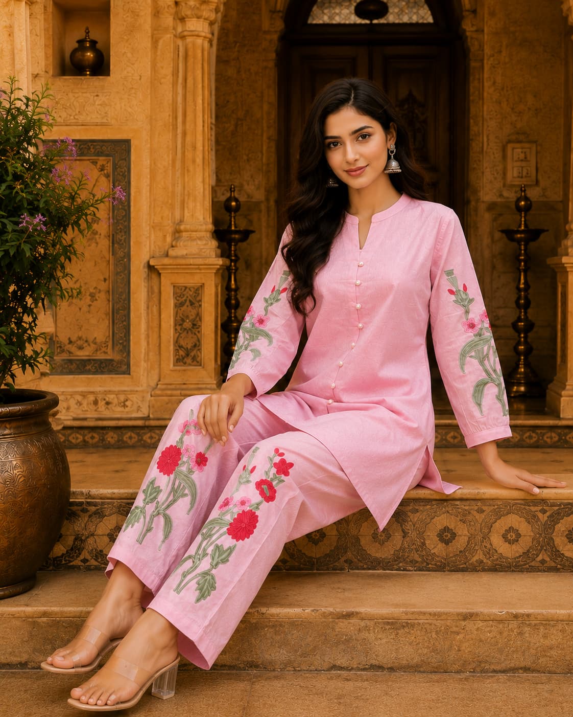 Pink cotton co-ord set with button-down top and matching embroidered pants