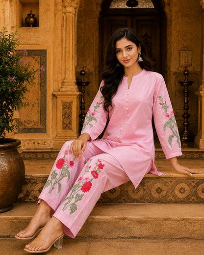 Pink cotton co-ord set with button-down top and matching embroidered pants