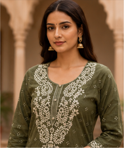 Olive Embroidered Cotton Kurta Set