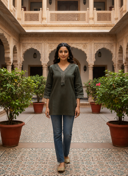 Deep Olive Embroidered Cotton Kurti