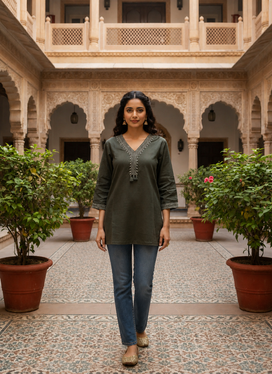 Deep Olive Embroidered Cotton Kurti