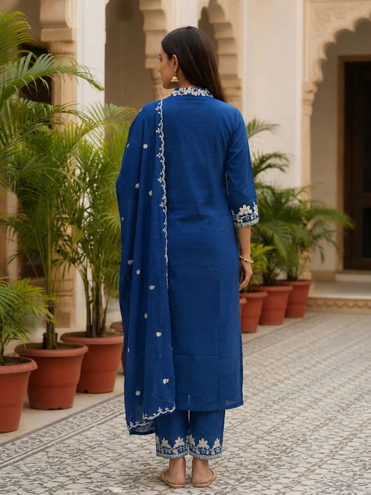 Royal Blue Embroidered Kurta Set with Dupatta | Odhanimymann