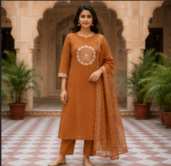 Rust Embroidered Cotton Kurta Set