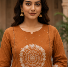 Rust Embroidered Cotton Kurta Set