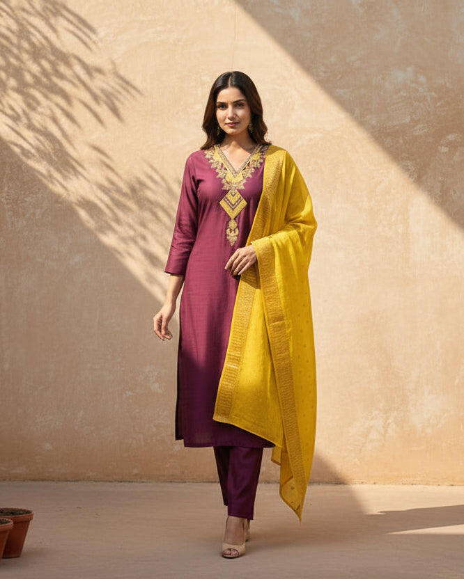 Wine Embroidered Kurta Set with Dupatta
