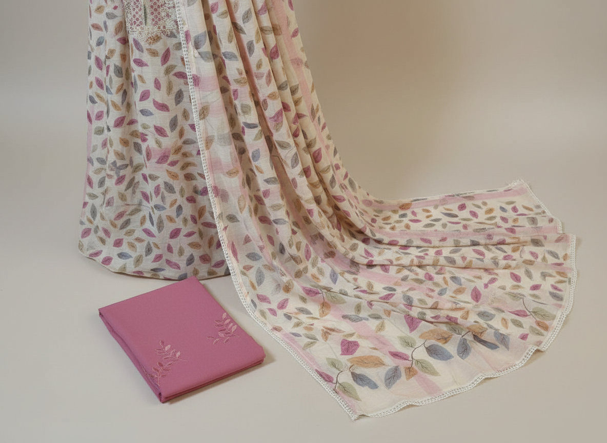 Off white pink leafy print kurta set material