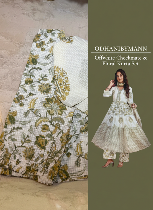 Offwhite Checkmate and Floral Print Kurta Set - ODHANIBYMANN
