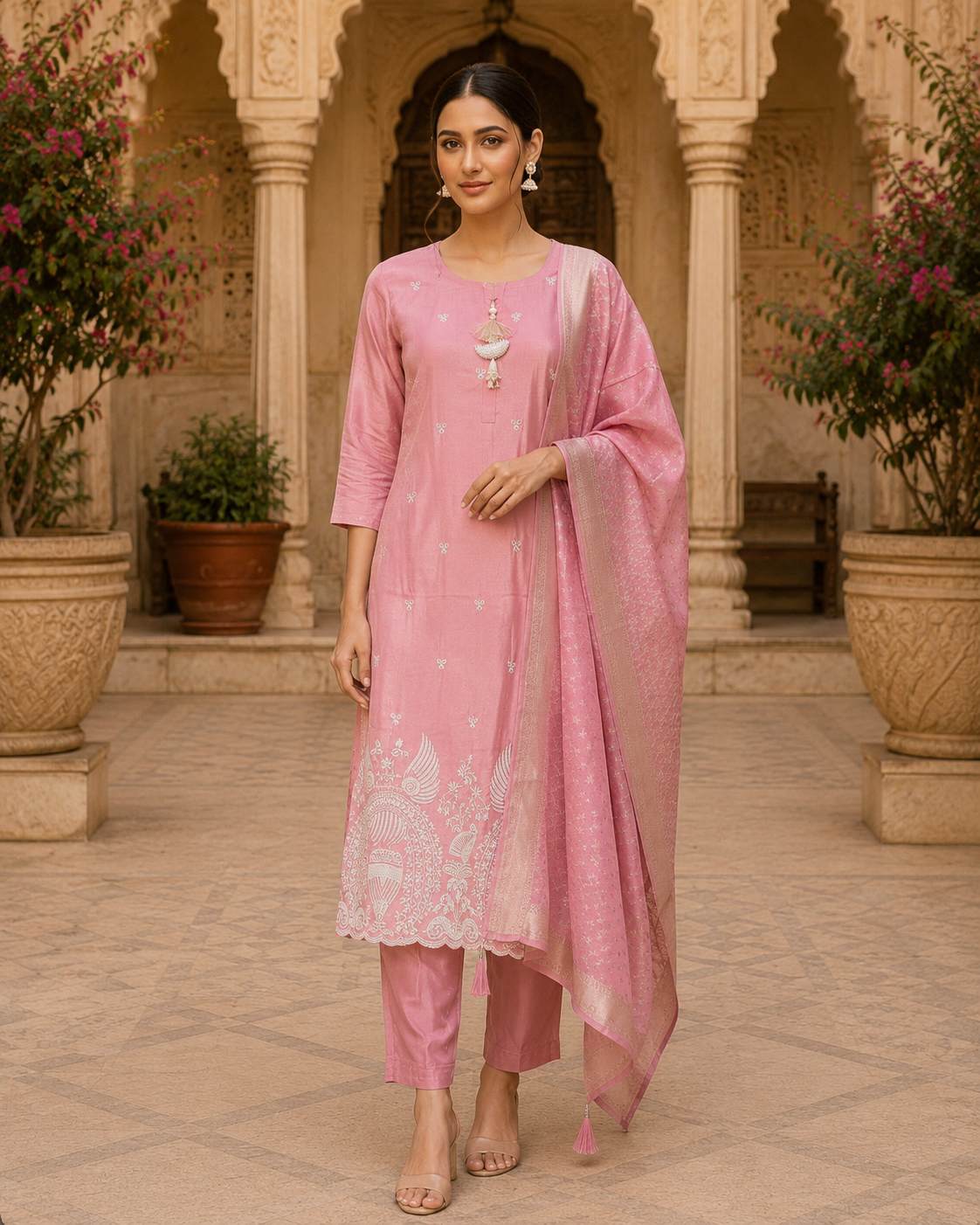 Pink Embroidered Silk Kurta Set