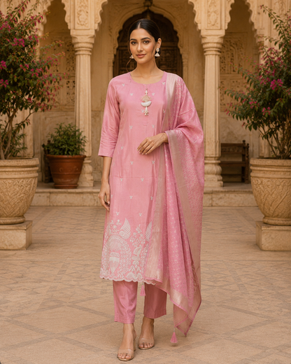 Pink Embroidered Silk Kurta Set