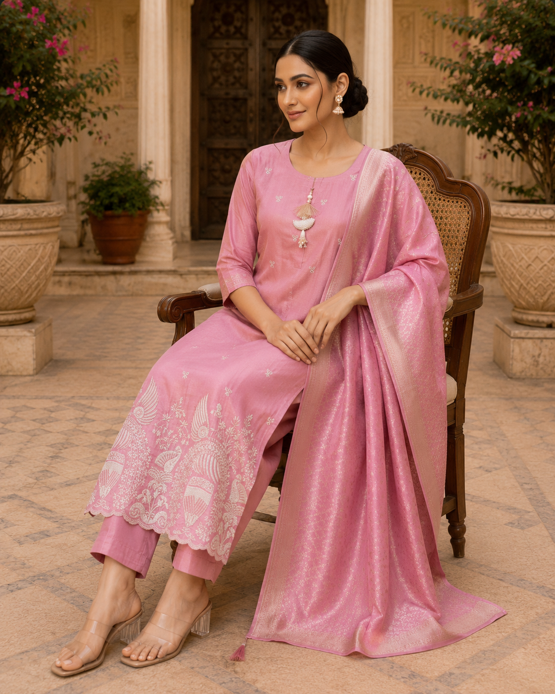 Pink Embroidered Silk Kurta Set