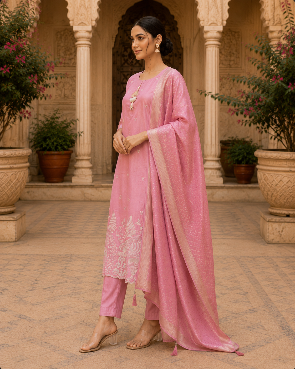 Pink Embroidered Silk Kurta Set