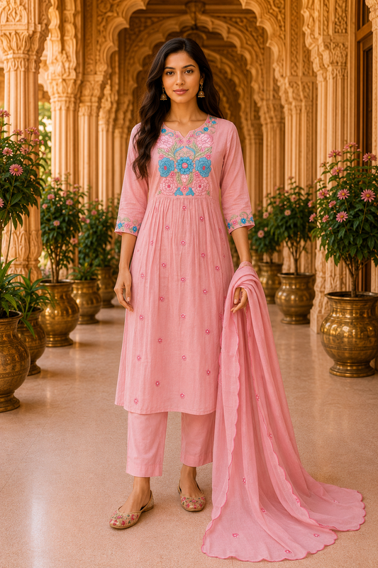 Pink Embroidered cotton Kurta Set
