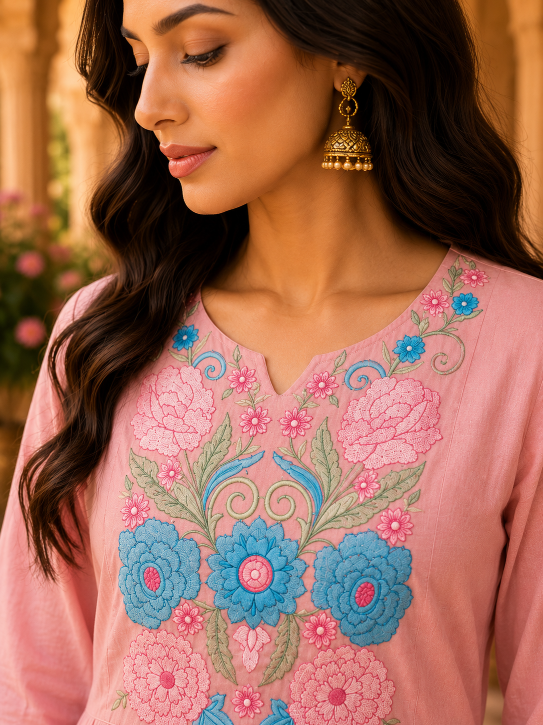 Pink Embroidered cotton Kurta Set
