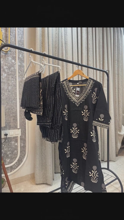 Black Embroidered Cotton Kurta Set