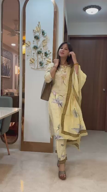 Butter Yellow Printed Cotton Kurta Set