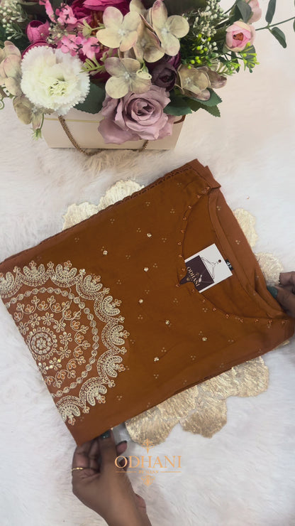 Rust Embroidered Cotton Kurta Set