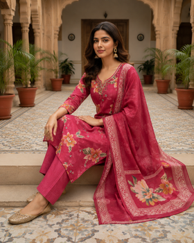 Pink Embroidered Cotton Kurta Set