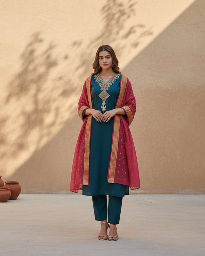 Teal Embroidered Kurta Set Dupatta