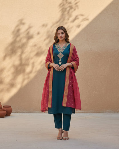 Teal Embroidered Kurta Set Dupatta