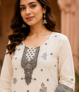 Off White Cotton embroidered Kurta Set