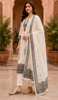 Off White Cotton embroidered Kurta Set