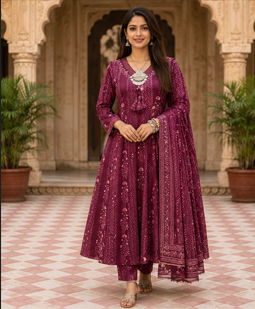 Maroon Printed Anarkali Cotton Kurta Set