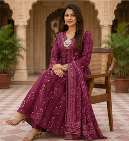 Maroon Printed Anarkali Cotton Kurta Set