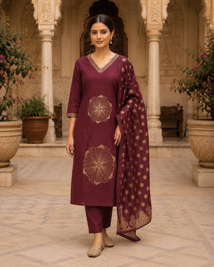 Wine embroidery Kurta Set