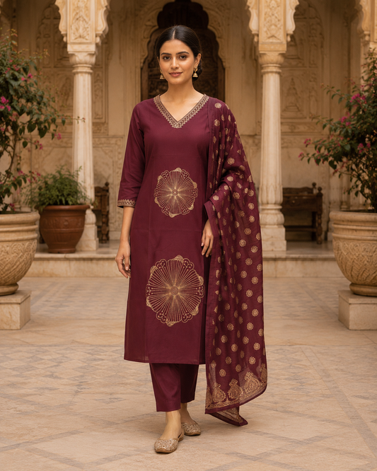 Wine embroidery Kurta Set