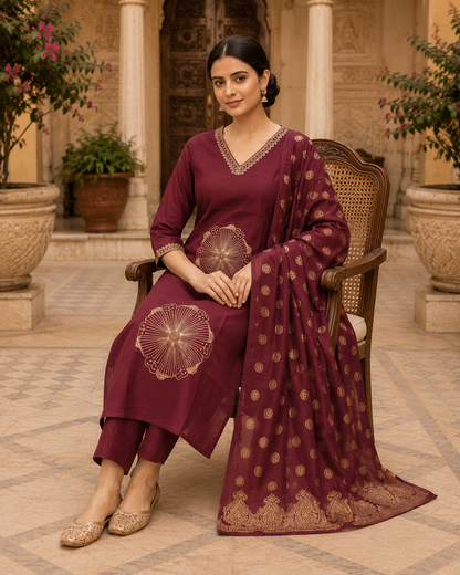 Wine embroidery Kurta Set