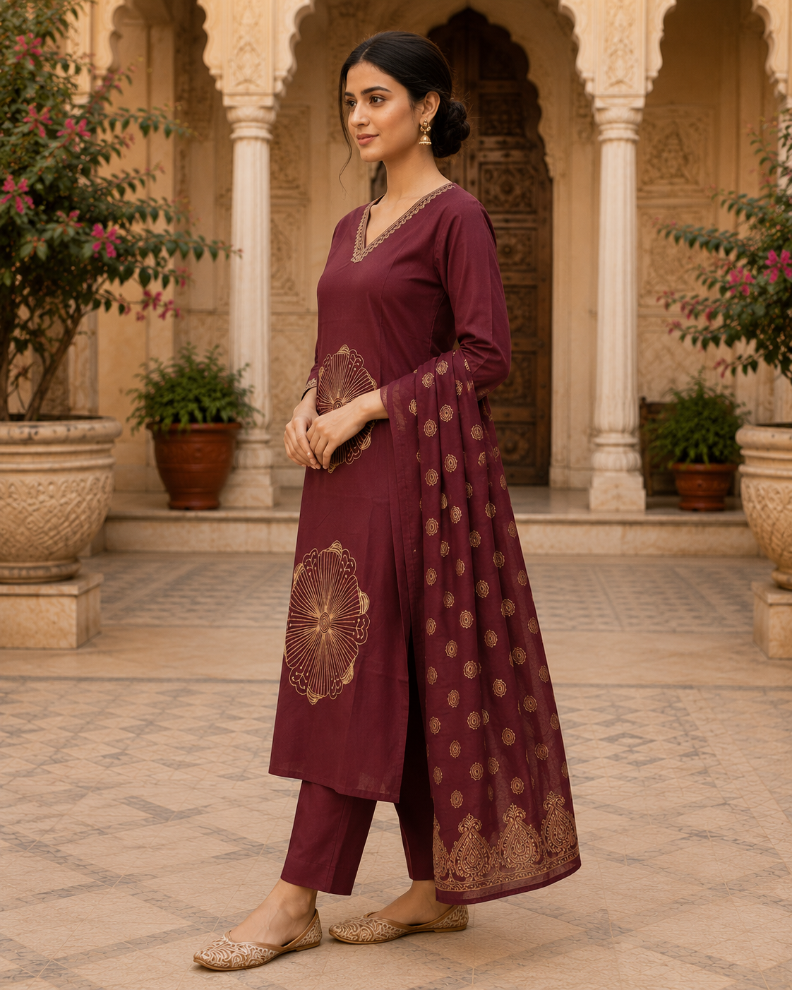 Wine embroidery Kurta Set